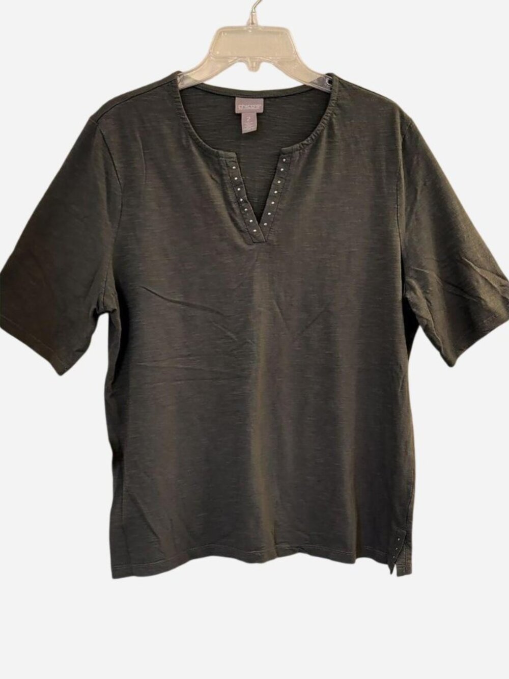 Chico's Olive Green Notch-Neck Short Sleeve Tee Stud Detail Size 2 12/L